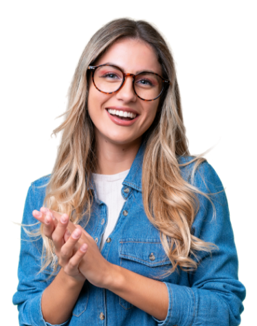 Blonde woman with glasses smiling